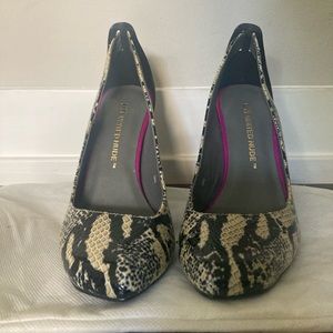 United Nude pumps metallic snake print hot pink heel.
